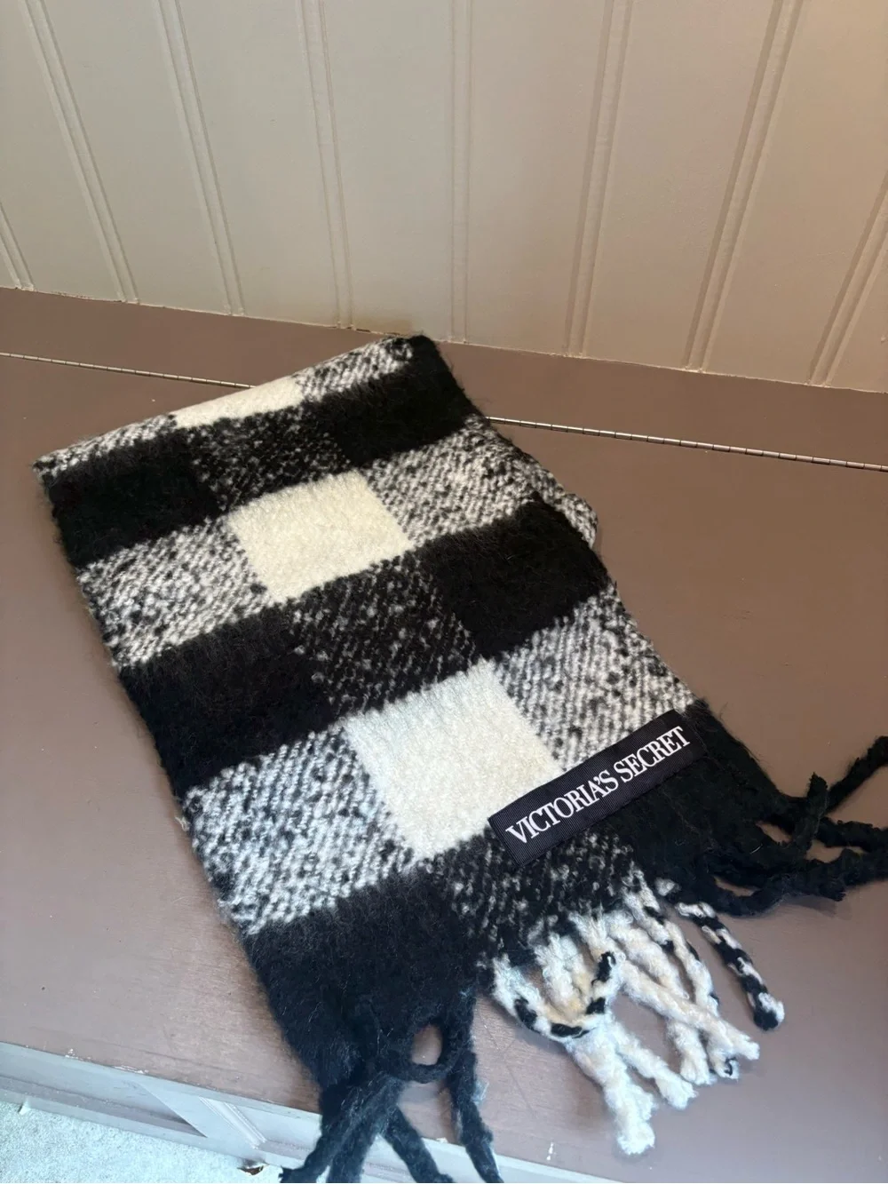 Victoria's Secret Black and White Plaid Fringe Scarf